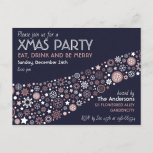 Xmas Party Rose Gold White Blue Schneeflocken Einladungspostkarte