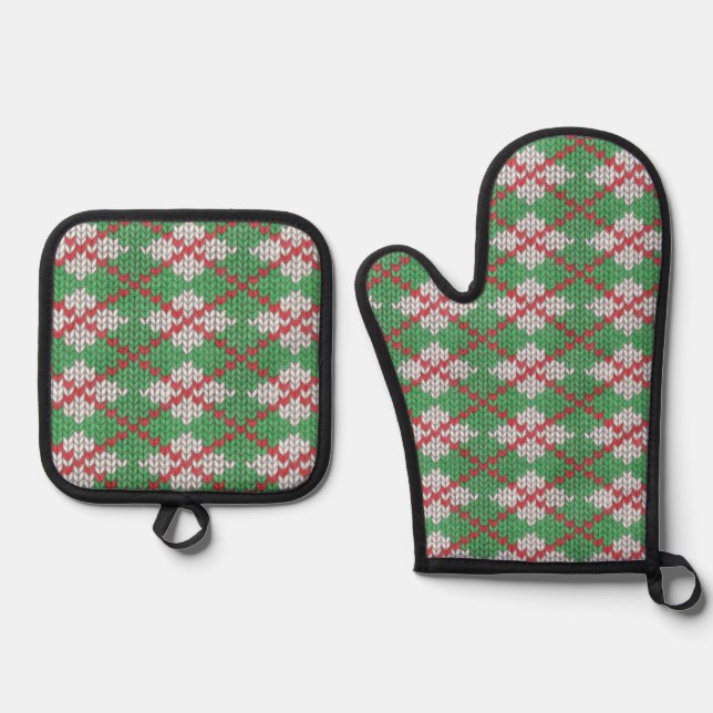 XMAS RAUTE STRICK Oven Mitt & Pot Holder Set (Vorderseite)