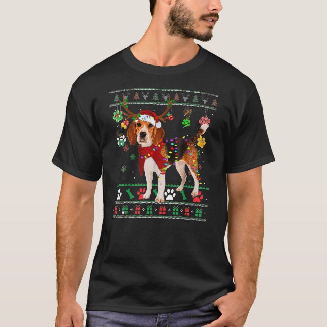 Xmas Reindeer Santa Hat Beagle Dog Ugly Christmas T-Shirt (Vorderseite)