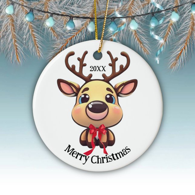 Xmas Rentier, Reh mit Geweih, Cartoon grafisch Keramik Ornament (Customizable Baby ReinDeer Funny Fawn Doe Xmas Merry Christmas White Round Deer Ceramic Ornament🦌🎄)