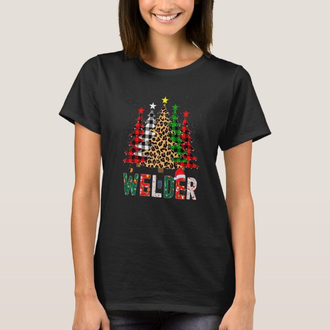 Xmas Santa Welder Leopard Plaid Print Christmas Tr T-Shirt (Vorderseite)