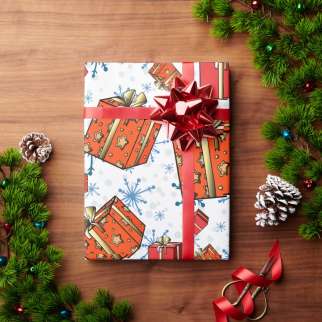 Xmas Scandi Snowflakes Red Packages Umschlagpapier Geschenkpapier (Feiertagsgeschenk)