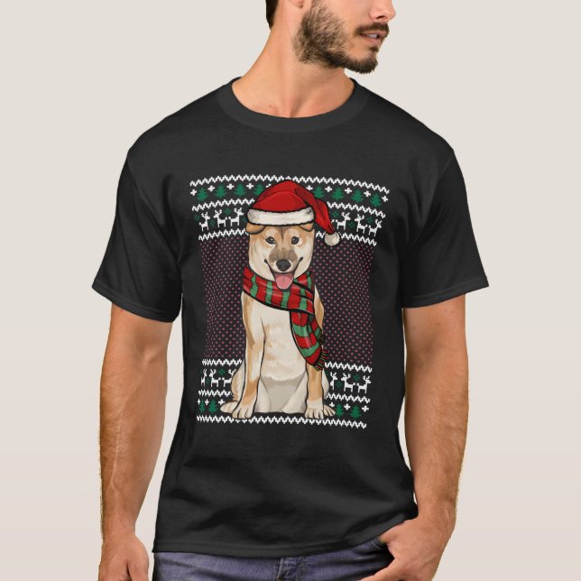 Xmas Shiba Inu Hund Weihnachtsmannmütze Ugly Weihn T-Shirt (Vorderseite)