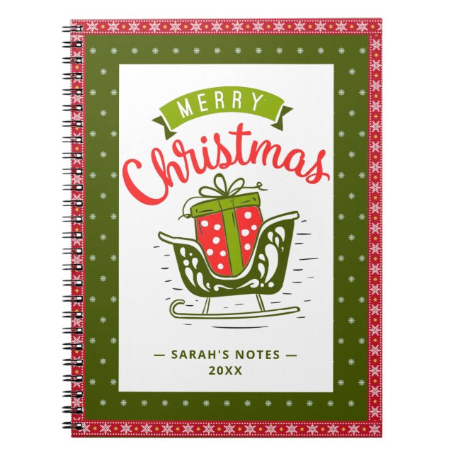 Xmas Sleigh Red Green Ribbon Snowflake Custom Text Notizblock (Vorderseite)