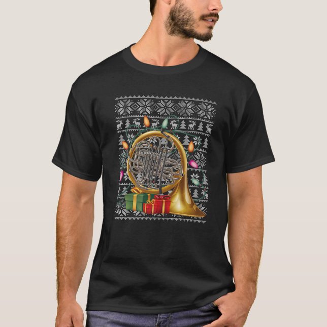 Xmas Sweater Style Ugly Musical Französisch Horn C T-Shirt (Vorderseite)