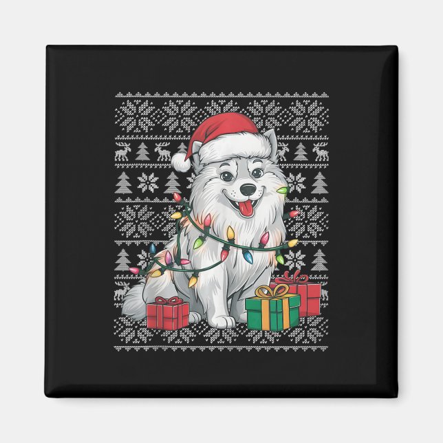 Xmas Sweater Style Ugly Santa American Eskimo Dog Magnet (Vorne)