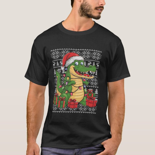 Xmas Sweater Style Ugly Weihnachtsmannmütze Krokod T-Shirt (Vorderseite)