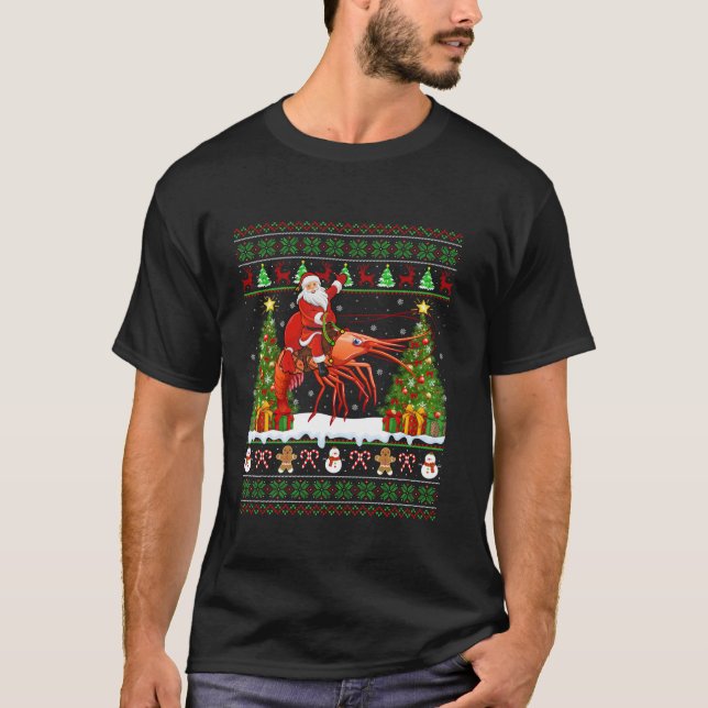 Xmas Sweater Ugly Santa Riding Shrimp Weihnachten T-Shirt (Vorderseite)