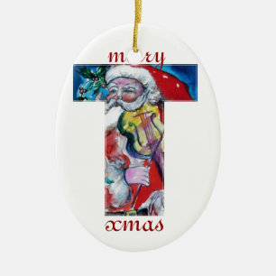 XMAS T LETTER /SANTA CLAUS MIT VIOLIN MONOGRAMM KERAMIKORNAMENT