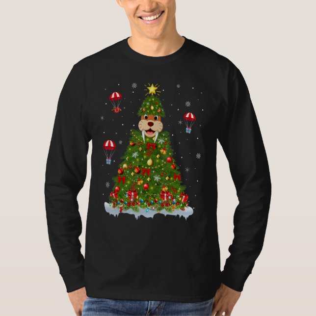 Xmas Tree Decorations Lights Santa Walrus Christma T-Shirt (Vorderseite)