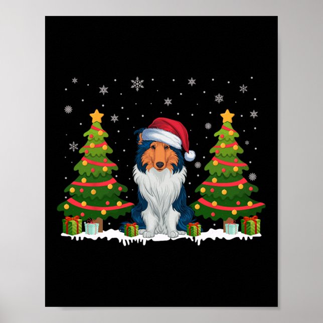 Xmas Tree Light Rough Collie Weihnachtsmannmütze C Poster (Vorne)