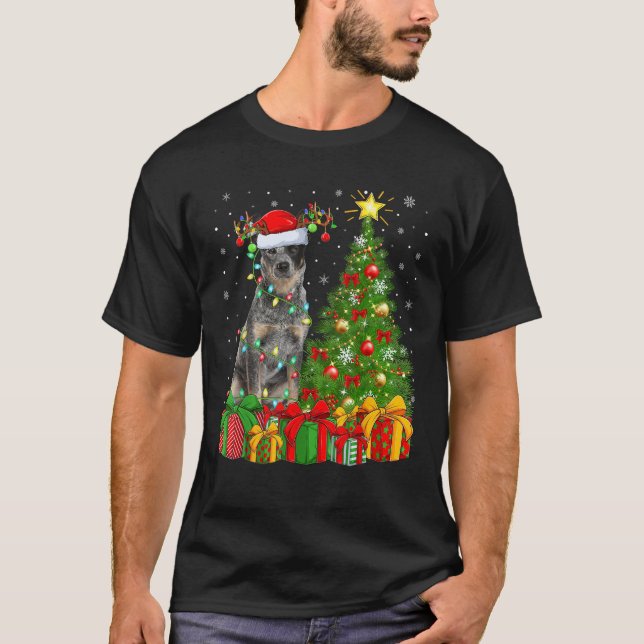 Xmas Tree Lighting Santa Hat Blue Heeler Dog Chris T-Shirt (Vorderseite)