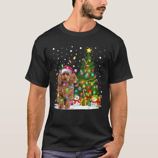 Xmas Tree Lighting Santa Poodle Dog Christmas  T-Shirt (Vorderseite)