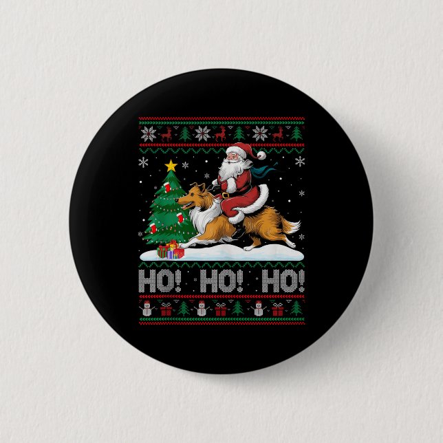 Xmas Tree Lighting Santa Riding Collie Dog Christm Button (Vorderseite)