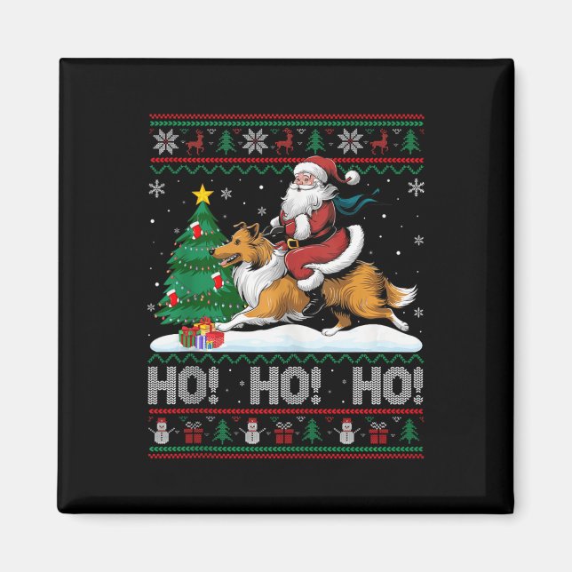 Xmas Tree Lighting Santa Riding Collie Dog Christm Magnet (Vorne)