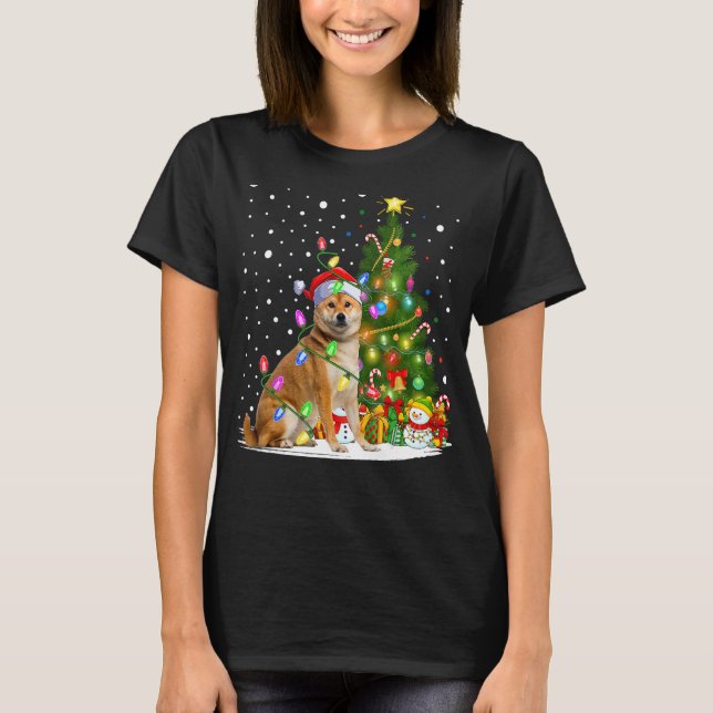 Xmas Tree Lighting Santa Shiba Inu Dog Weihnachten T-Shirt (Vorderseite)