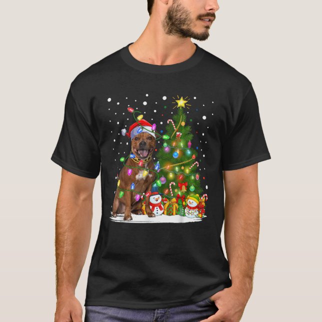 Xmas Tree Lighting Staffordshire Bull Terrier Dog  T-Shirt (Vorderseite)