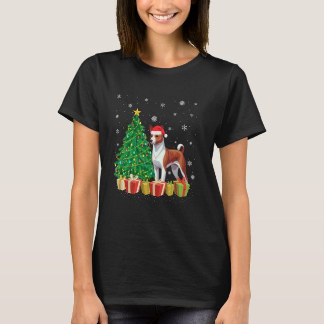 Xmas Tree Lighting Weihnachtsmannmütze Basenji Dog T-Shirt (Vorderseite)