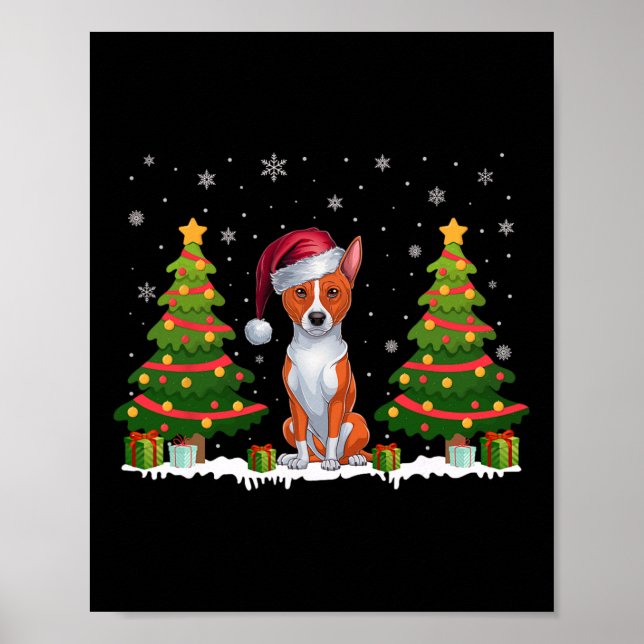 Xmas Tree Lights Basenji Dog Weihnachtsmannmütze W Poster (Vorne)