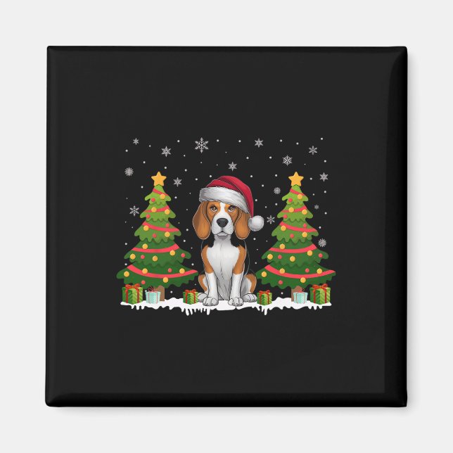 Xmas Tree Lights Beagle Hund Weihnachtsmannmütze W Magnet (Vorne)