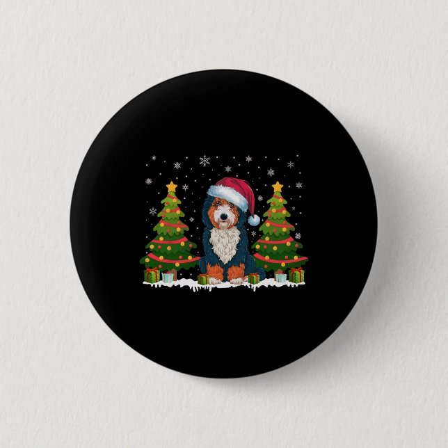 Xmas Tree Lights Bernedoodle Dog Weihnachtsmannmüt Button (Vorderseite)