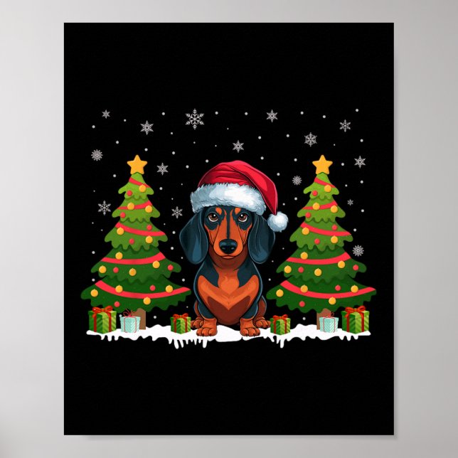 Xmas Tree Lights Dackel Hund Weihnachtsmannmütze W Poster (Vorne)