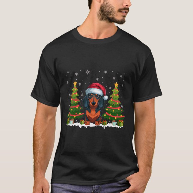 Xmas Tree Lights Dackel Hund Weihnachtsmannmütze W T-Shirt (Vorderseite)