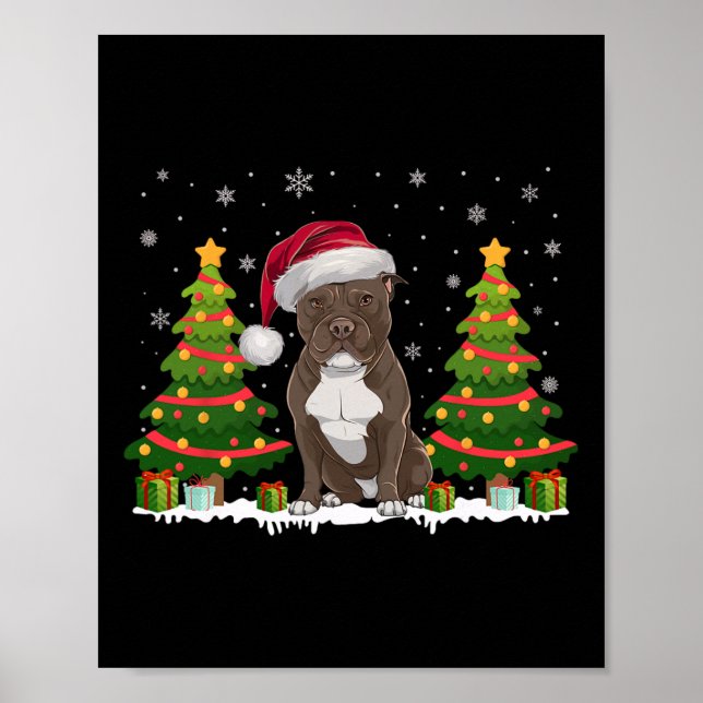 Xmas Tree Lights Pitbull Weihnachtsmannmütze Weihn Poster (Vorne)