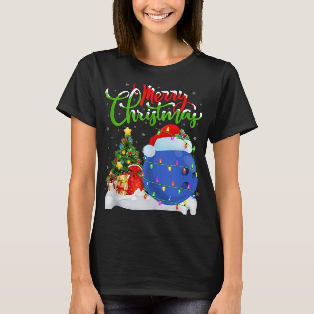 Xmas Tree Lights Santa Hat Bowling Ball Christmas  T-Shirt (Vorderseite)