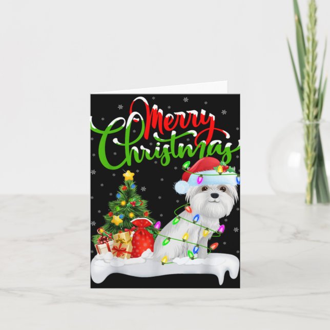 Xmas Tree Lights Santa Hat Maltese Dog Christmas T Karte (Vorderseite)