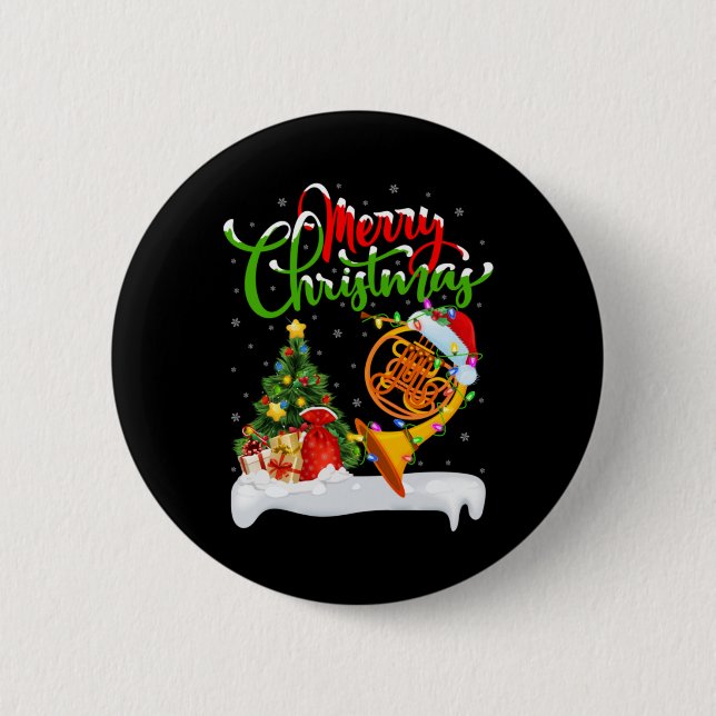 Xmas Tree Lights Santa Hat Musical French Horn Chr Button (Vorderseite)