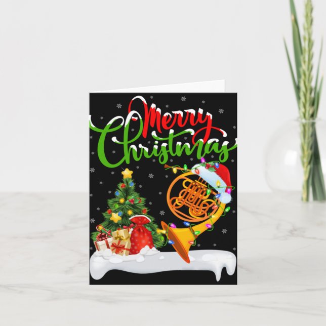 Xmas Tree Lights Santa Hat Musical French Horn Chr Karte (Vorderseite)