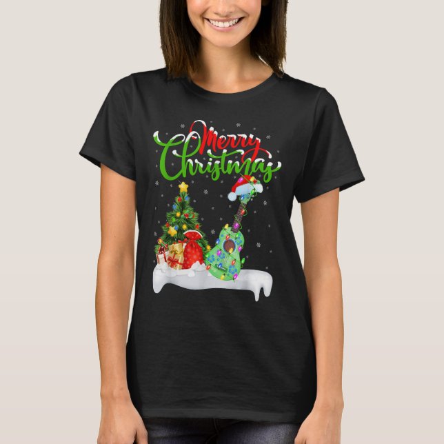 Xmas Tree Lights Santa Hat Musical Ukulele Guitar  T-Shirt (Vorderseite)