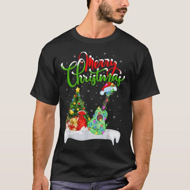 Xmas Tree Lights Santa Hat Musical Ukulele Guitar  T-Shirt (Vorderseite)