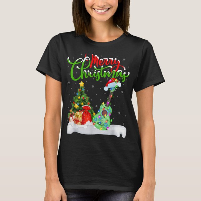 Xmas Tree Lights Santa Hat Musical Ukulele Guitar  T-Shirt (Vorderseite)