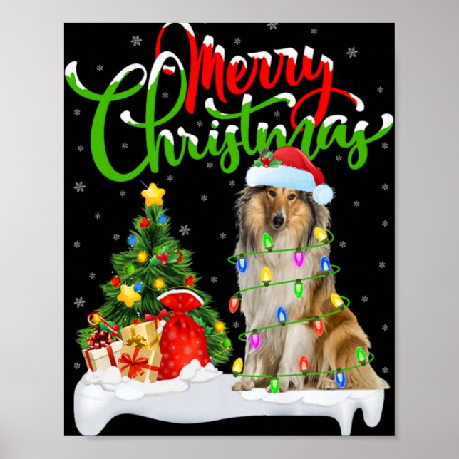 Xmas Tree Lights Santa Hat Rough Collie Dog Christ Poster (Vorne)