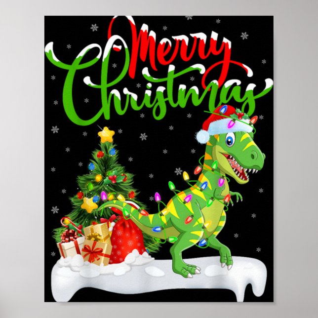 Xmas Tree Lights Santa Hat T Rex Dinosaur Christma Poster (Vorne)
