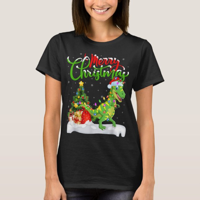Xmas Tree Lights Santa Hat T Rex Dinosaur Christma T-Shirt (Vorderseite)