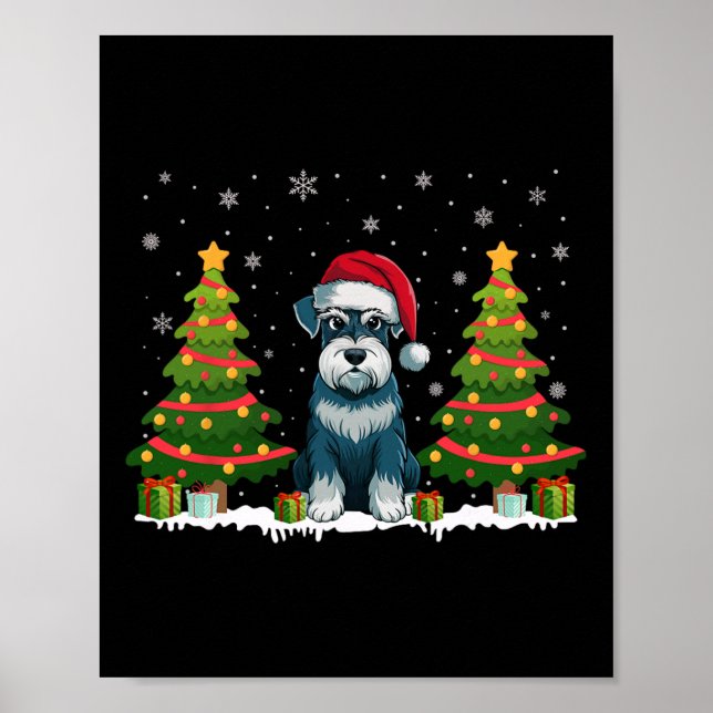Xmas Tree Lights Schnauzer Dog Weihnachtsmannmütze Poster (Vorne)