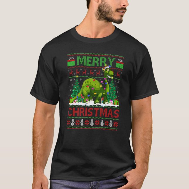 Xmas Tree Lights Ugly Santa Brontosaurus Dinosaur T-Shirt (Vorderseite)