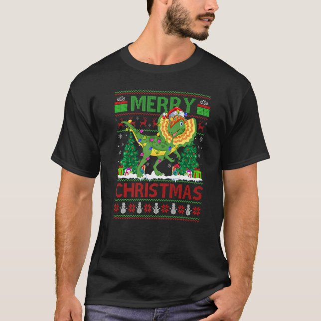 Xmas Tree Lights Ugly Santa Dilophosaurus Dinosaur T-Shirt (Vorderseite)