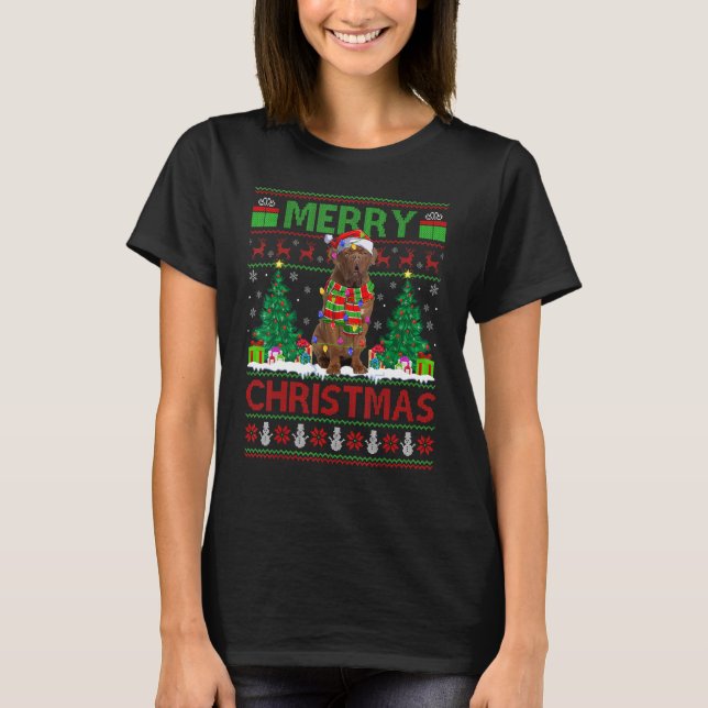 Xmas Tree Lights Ugly Santa Dogue De Bordeaux Dog T-Shirt (Vorderseite)