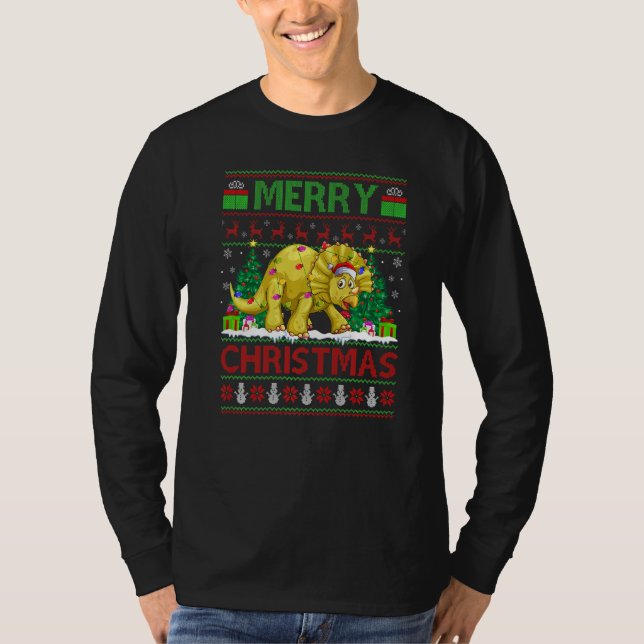 Xmas Tree Lights Ugly Santa Triceratops Dinosaur C T-Shirt (Vorderseite)