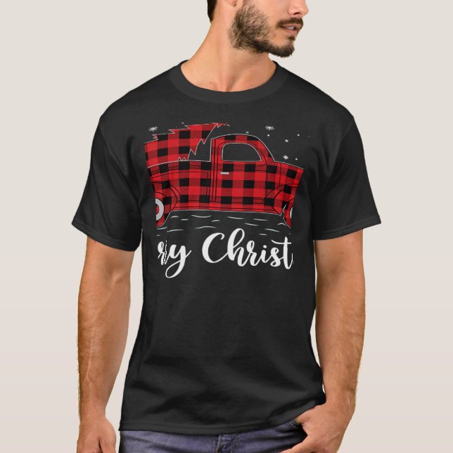 Xmas Tree Red Buffalo Kariert Red Truck Merry Chri T-Shirt (Vorderseite)