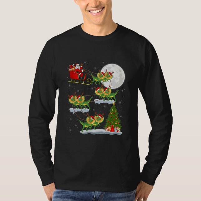 Xmas Tree Santa Riding Dilophosaurus Dinosaur T-Shirt (Vorderseite)