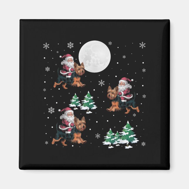 Xmas Tree Santa Riding Yorkshire Terrier Funny Chr Magnet (Vorne)