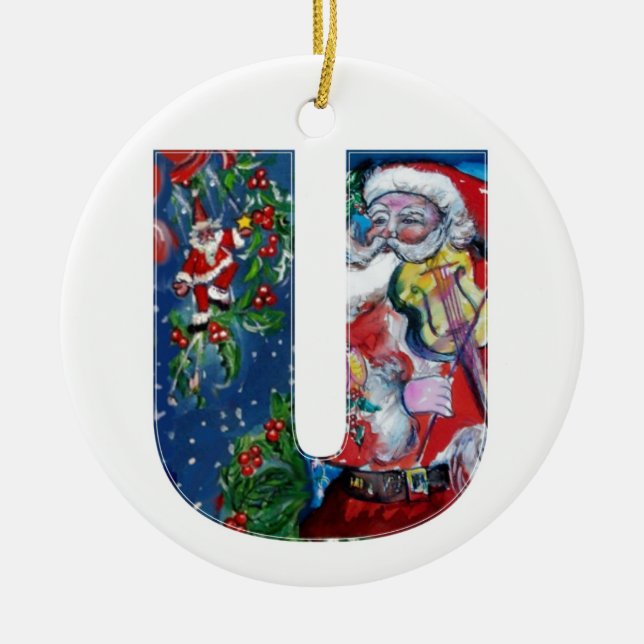 XMAS U SCHREIBEN /SANTA CLAUS MIT VIOLIN MONOGRAMM KERAMIKORNAMENT (Vorne)