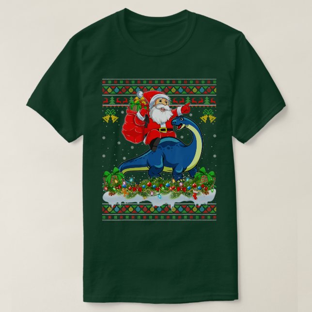 Xmas Ugly Santa Riding Brontosaurus Dinosaur Chris T-Shirt (Design vorne)