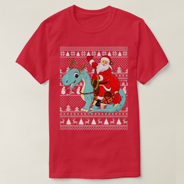 Xmas Ugly Santa Riding Brontosaurus Dinosaur Chris T-Shirt (Design vorne)