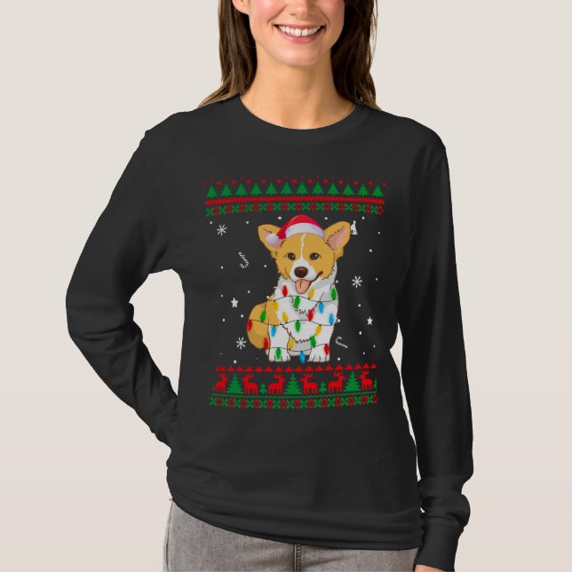 Xmas Ugly Sweater Christmas Lights Corgi Dog Lover T-Shirt (Vorderseite)